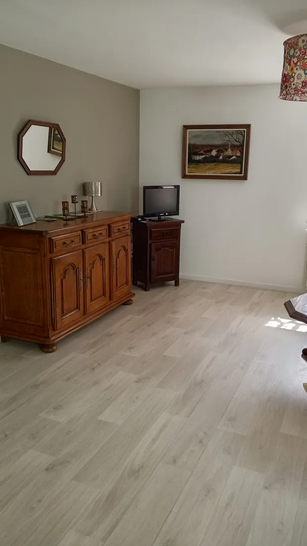 Salon avec buffet en bois, téléviseur et tableaux