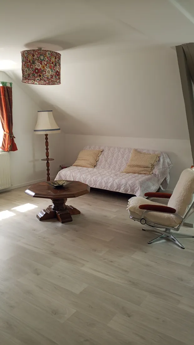 Séjour lumineux du gîte avec canapé et coin salon